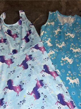 Girls' Light Blue Unicorn Print Casual Dresses - Purple & White Accents